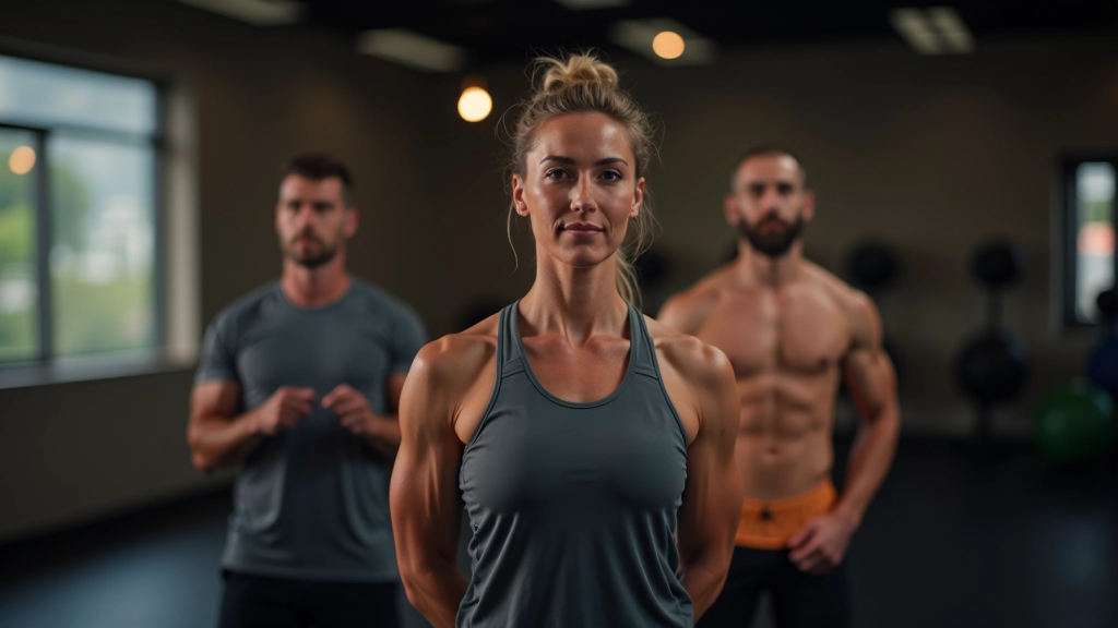 Adults in their 40s and 50s performing scaled CrossFit exercises together in a modern gym setting