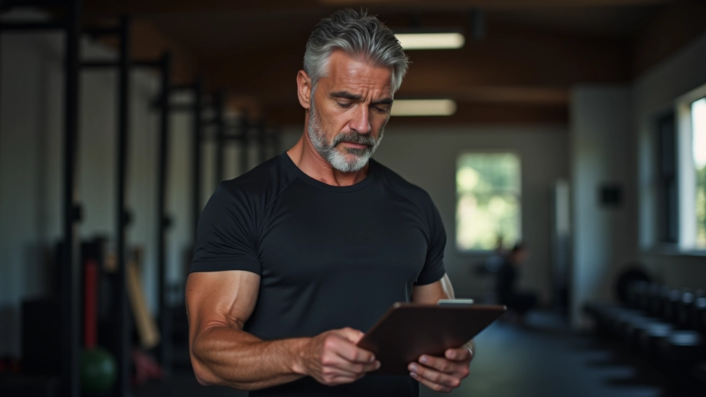 Adult aged 50 in fitness attire reviewing training notes with focused expression in gym setting