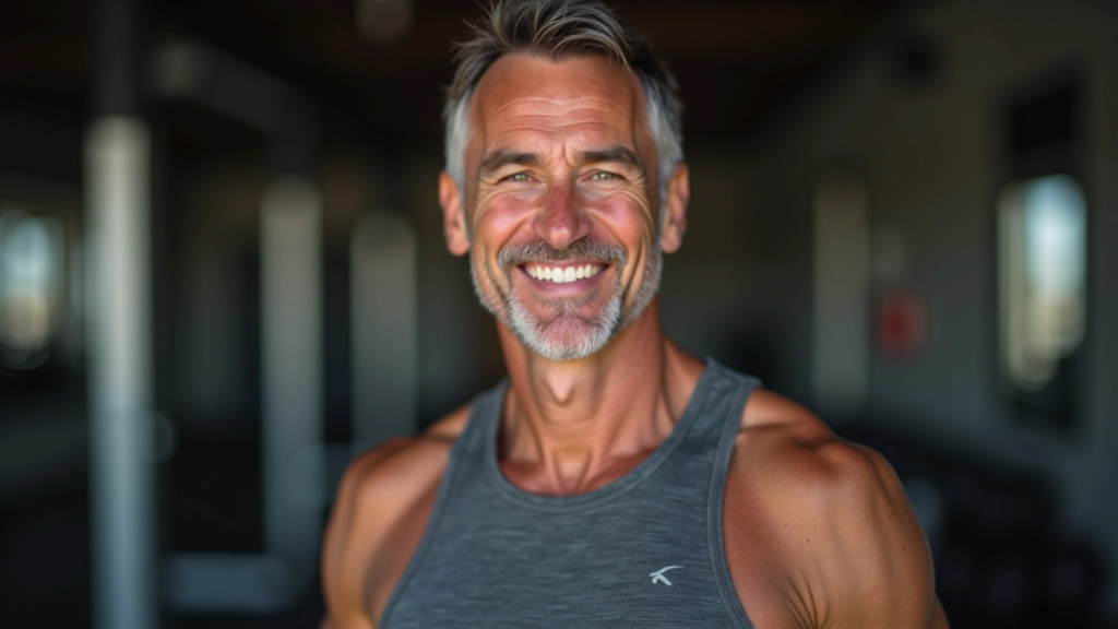 Adult aged 55 smiling after workout with visible confidence and satisfaction