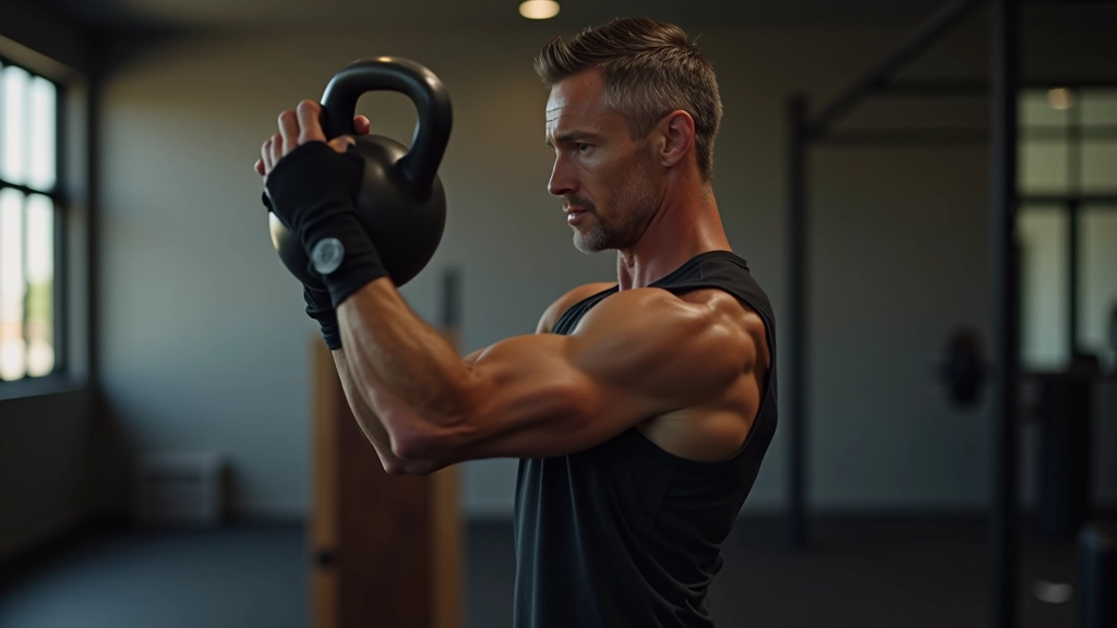 Adult athlete aged 50 performing scaled movement with proper form and control, demonstrating modified technique with focus on execution