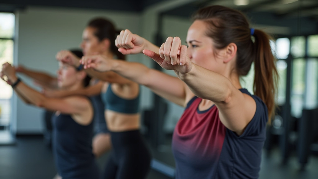 Group of adults performing dynamic stretching and mobility movements in a gym before a training session