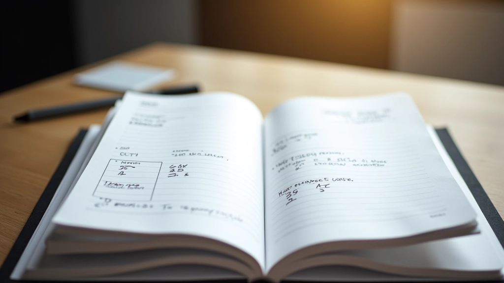 Training journal with detailed workout notes, pen, and performance metrics chart on desk