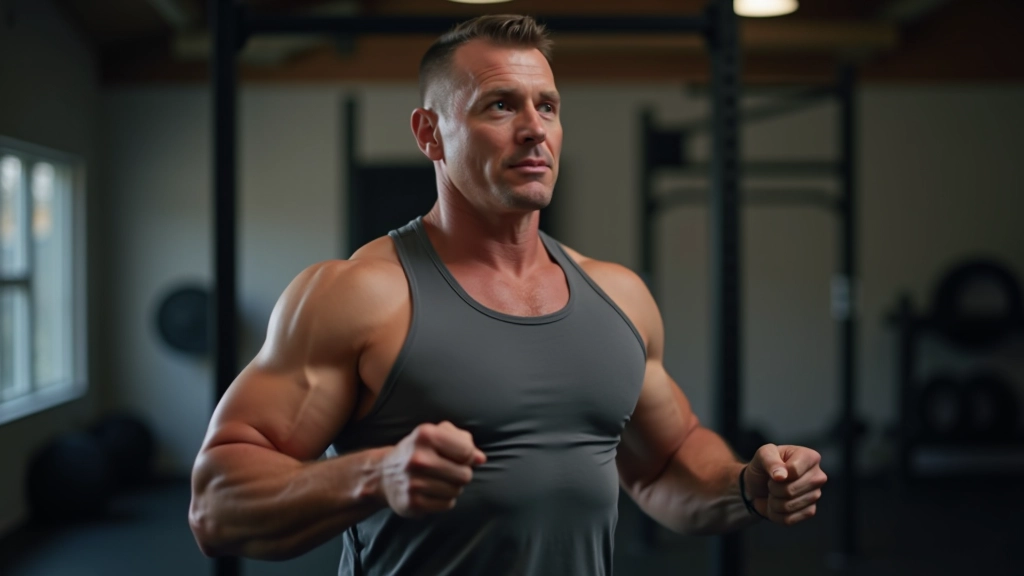 Experienced trainer aged 45 demonstrating proper form during a fitness movement with focused posture and control
